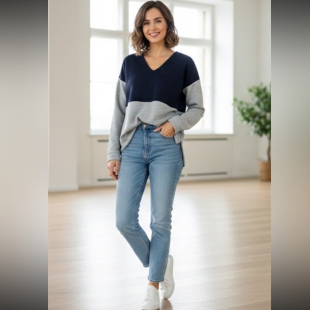 Madewell Womens Colorblock V-Neck Top with Back Zipper Gray and Blue Size XS